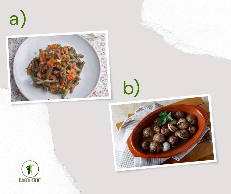 Judias verdes con tomate y jamón acompañado de caracoles al ajillo